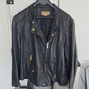 Michael Kors Black Leather Jacket with Gold Details Slreves Zip Off To Make A V.